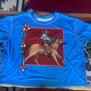 Double D Ranch Blue Tee with Cowboy and Floral Design
